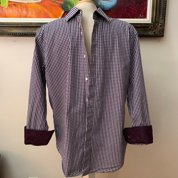 Bristol & Bull Men’s L Shirt Checkered Burgundy and White Button Down - Picture 6 of 12